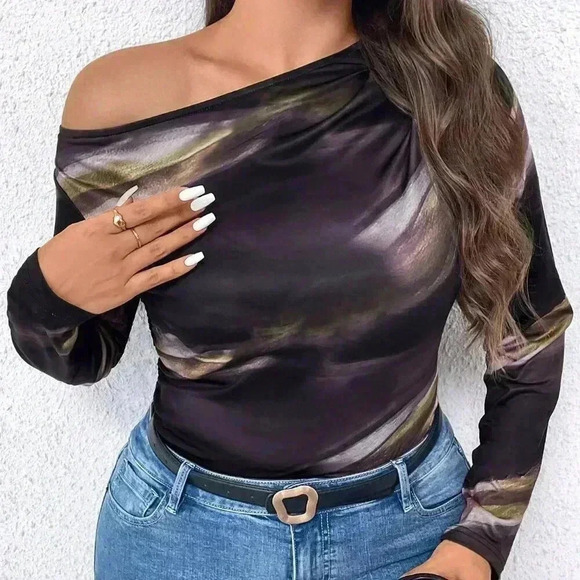 multicolor Casual Women's Plus Size Tie Dye Asymmetrical neck Shirt - Picture 1 of 6